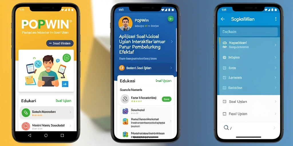 Screenshot aplikasi POPWIN menampilkan soal ujian interaktif.