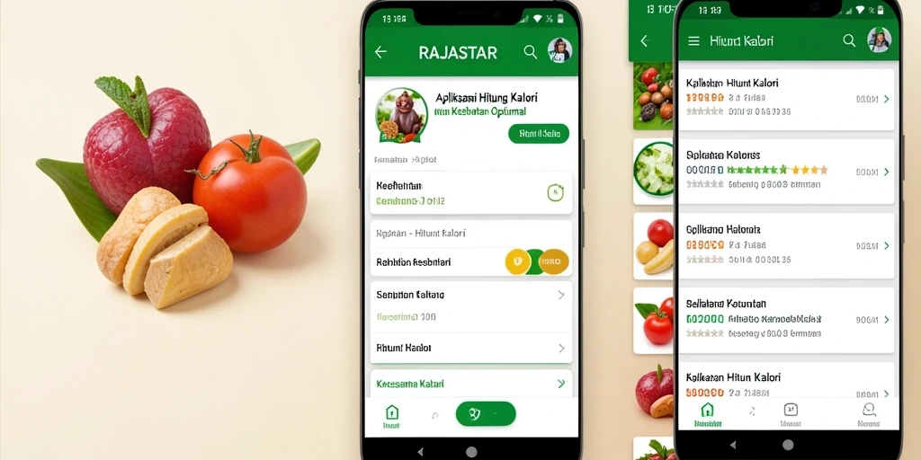 Tampilan antarmuka aplikasi RAJASTAR dengan fitur Hitung Kalori yang lengkap.